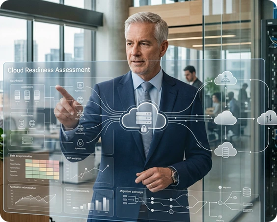 Executive with cloud data visualization
